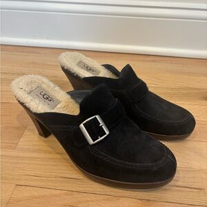 UGG Black Suede Shearling-Lined Buckle Heel Mules
